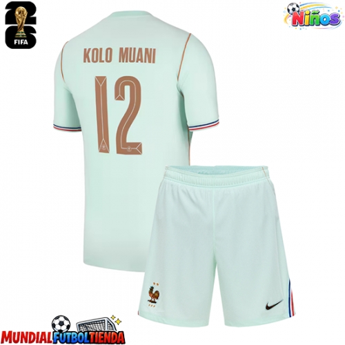 Camiseta Francia Randal Kolo Muani #12 Segunda Equipación Replica Mundial 2026 para niños mangas cortas (+ Pantalones cortos)